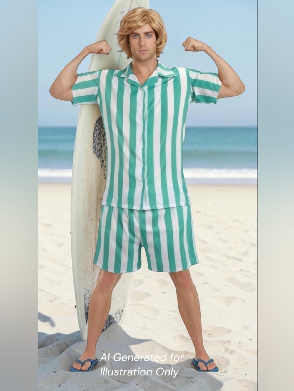 Cosplay Ken's Barbie Inspired Green & White Vertical Stripe Deluxe Swim Set, L